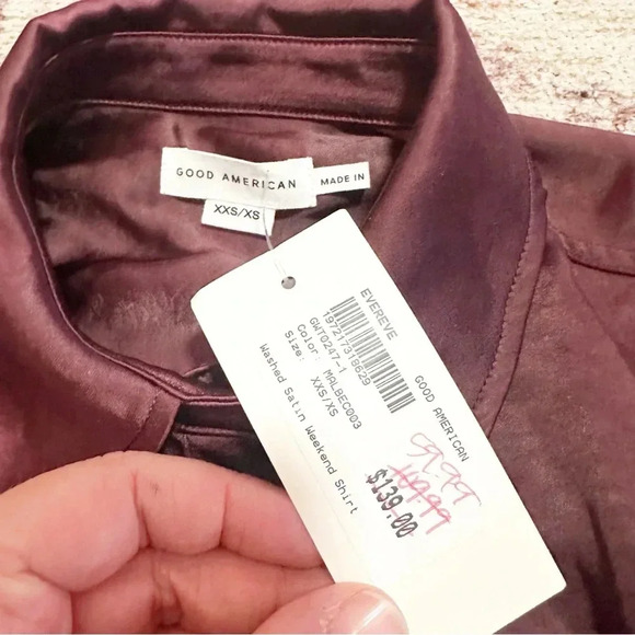 NWT Good American Washed Satin Weekend Shirt Malbec003 Size XXS/XS - Picture 14 of 16
